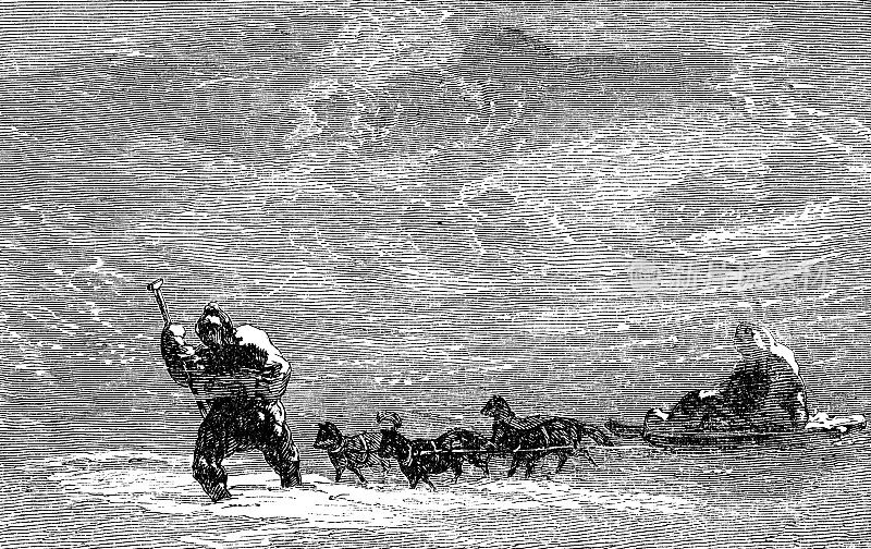 因纽特人驾驶狗拉雪橇，在巴芬岛穿越暴风雪，加拿大- 19世纪